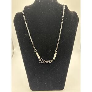 Silver toned white bead “love” necklace 20-22”